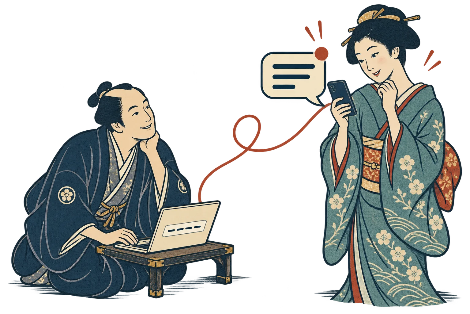 パソコンの前の商人と、スマホに届いたSMSを見る人を朱色の糸がつなぐ