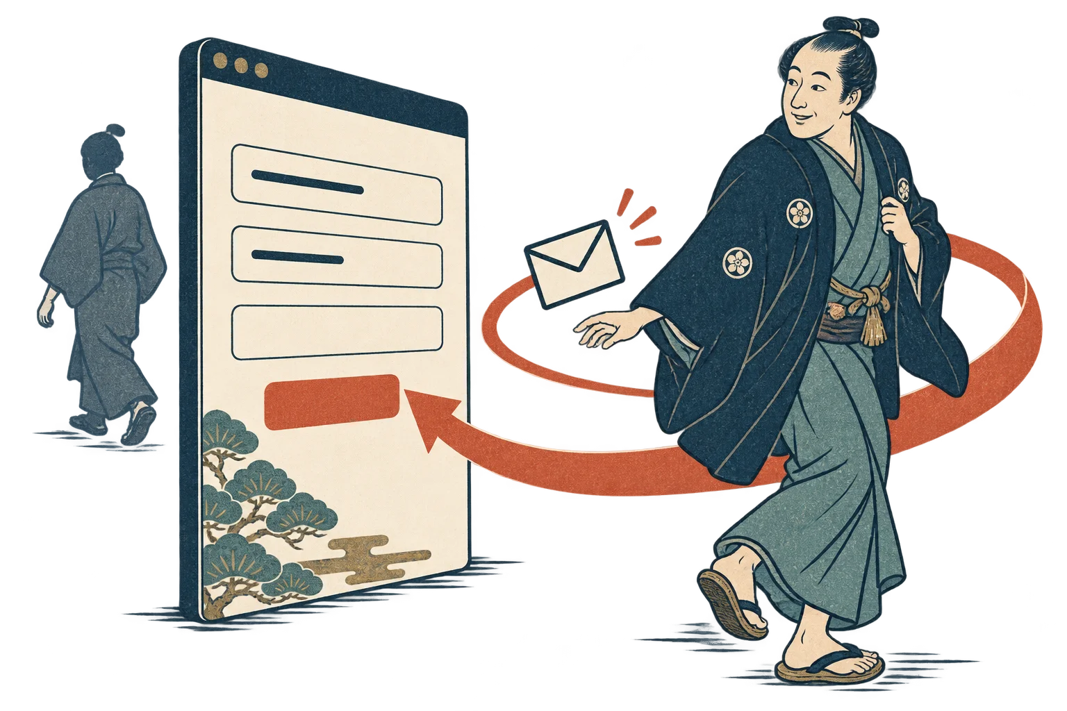 SMSをきっかけに、朱色の道をたどって入力フォームへ戻る浮世絵の人物